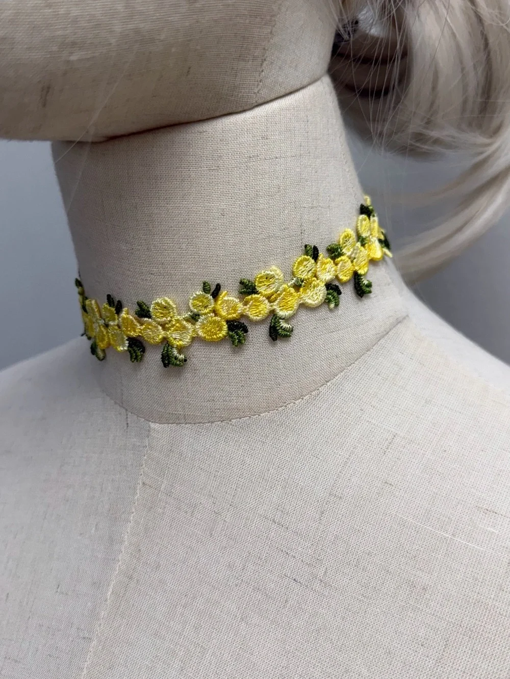 Yellow Floral Lace Choker Necklace Embroidered Flowers Cottagecore Coquette